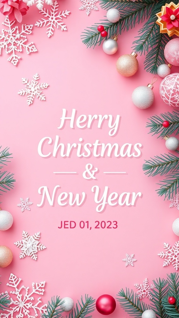 Aesthetic pink wallpaper with Christmas and New Year decorations, including snowflakes and ornaments.